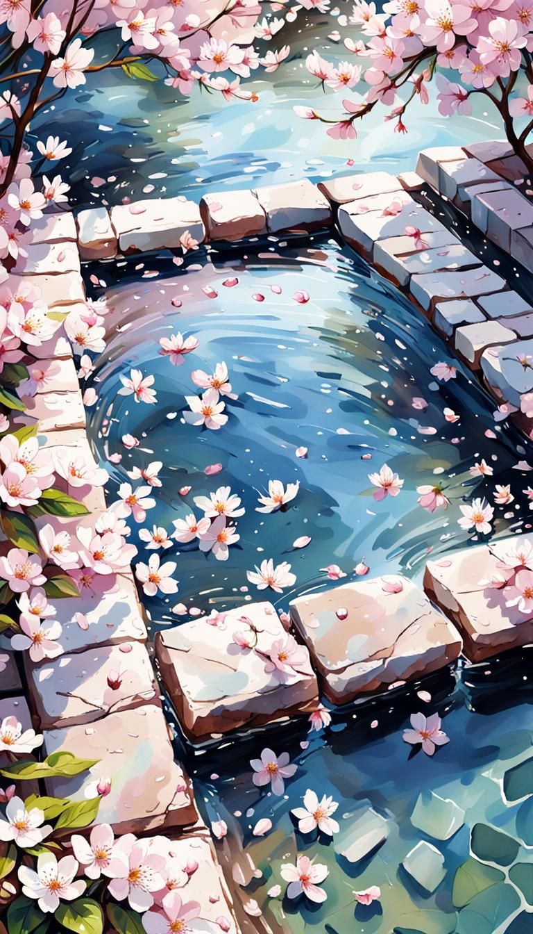 Cherry Blossom Pool: Serene Watercolor Nature Photography