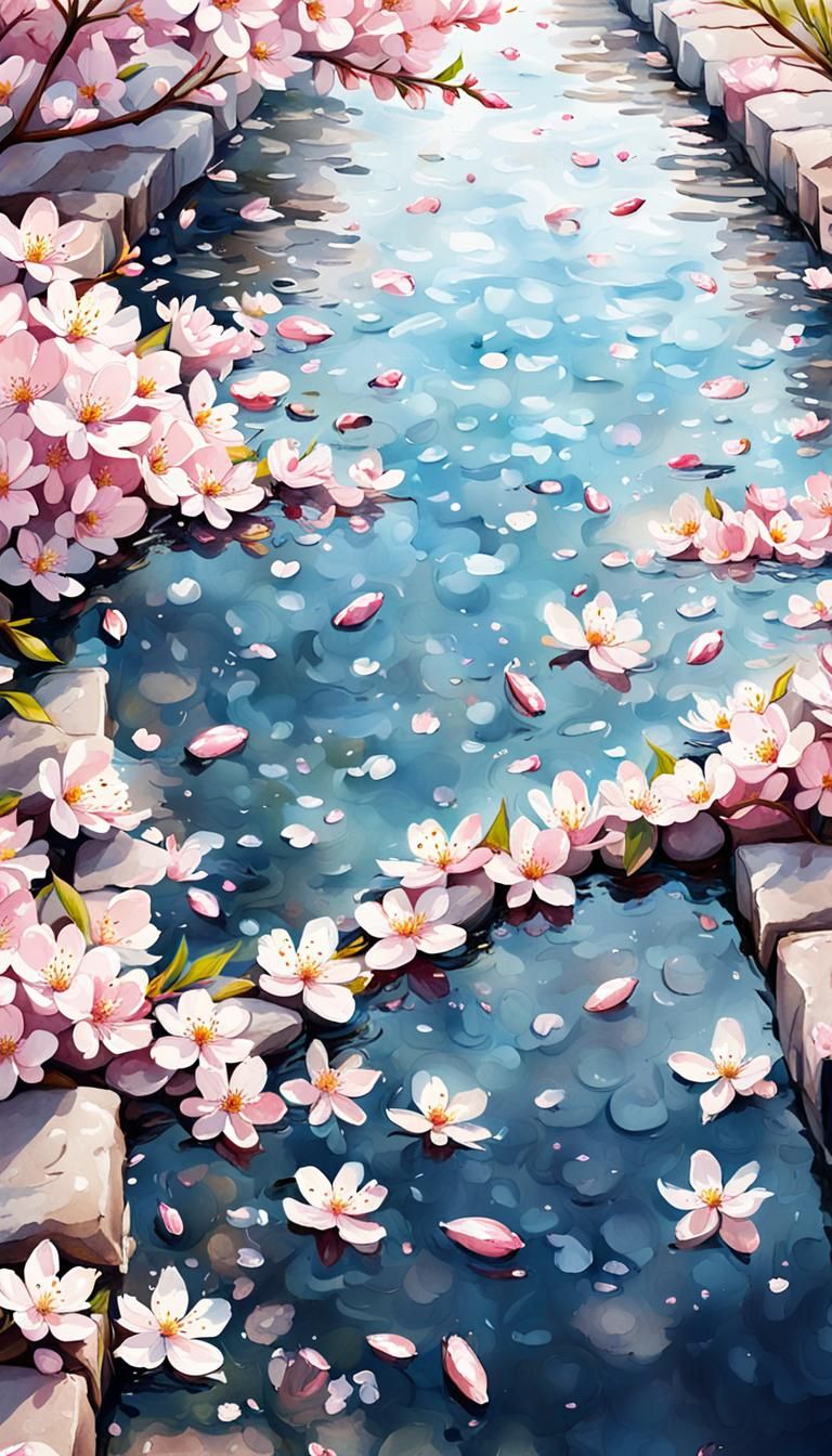 Cherry Blossom Pool: Serene Watercolor Painting