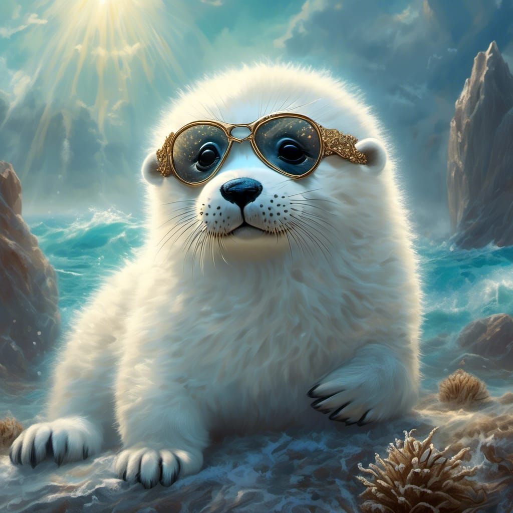 Majestic Harp Seal Pup with Sunglasses and Halo