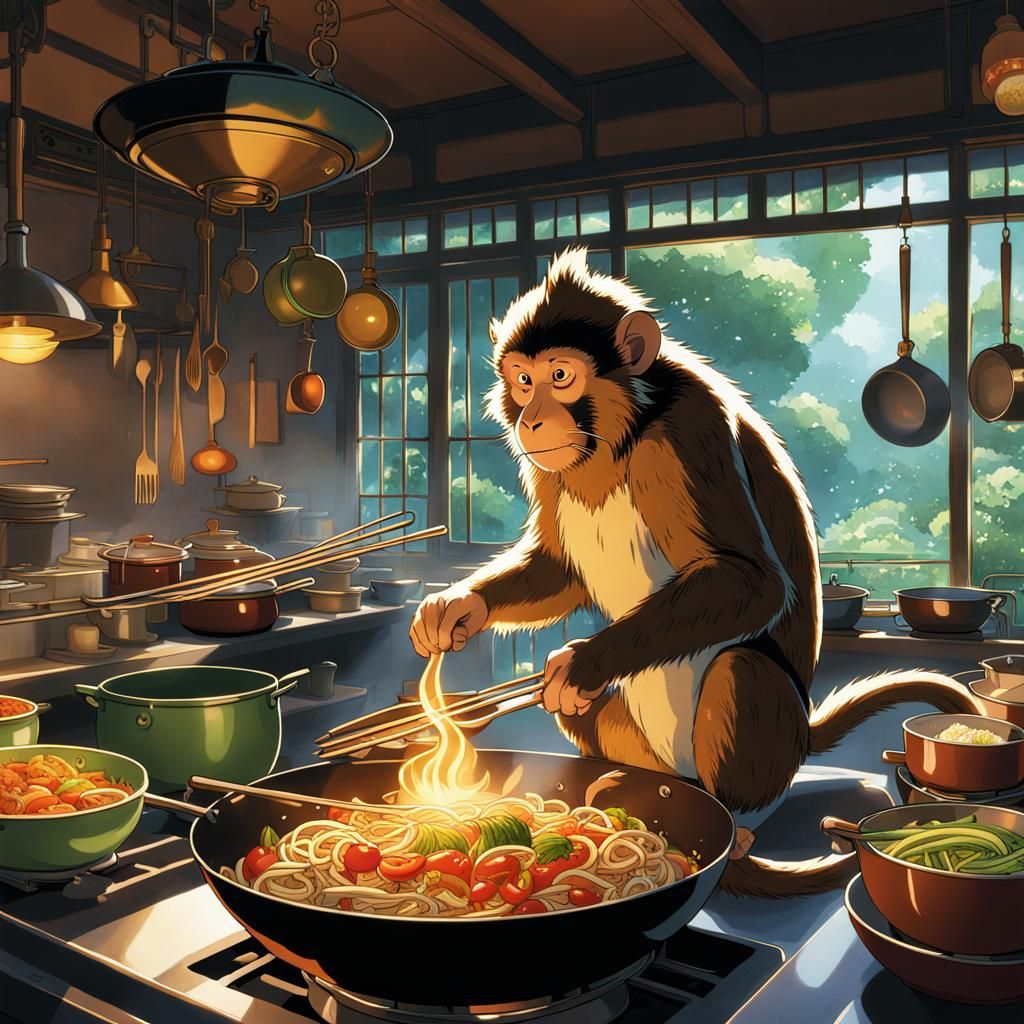 Macaque, cooking food in wok, in restaurant kitchen
