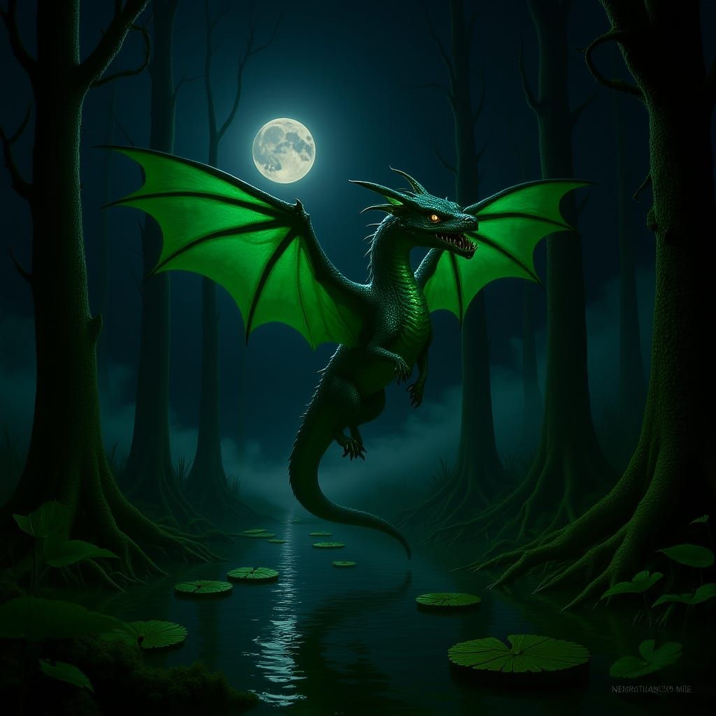 Green Dragon Soaring Over Moonlit Swamp