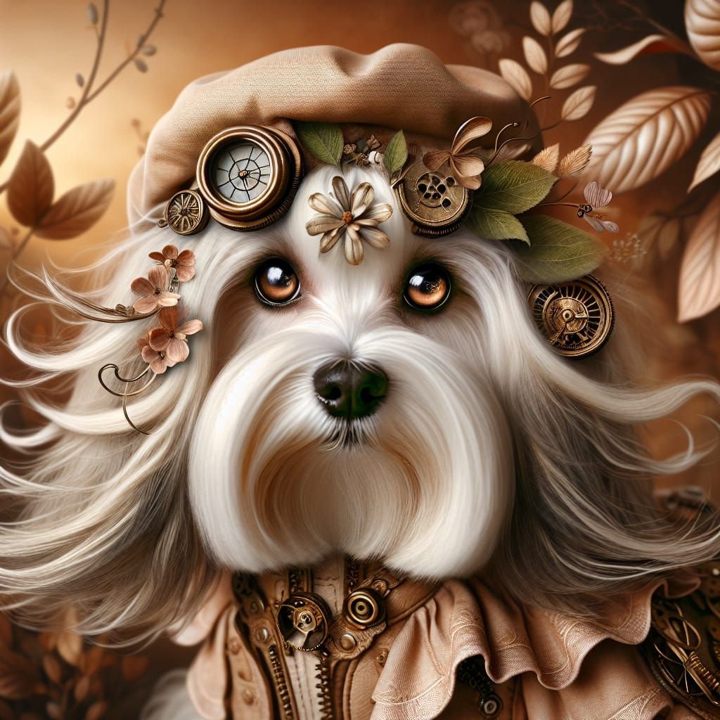 Steampunk Havanese Dog Portrait in Art Nouveau Style