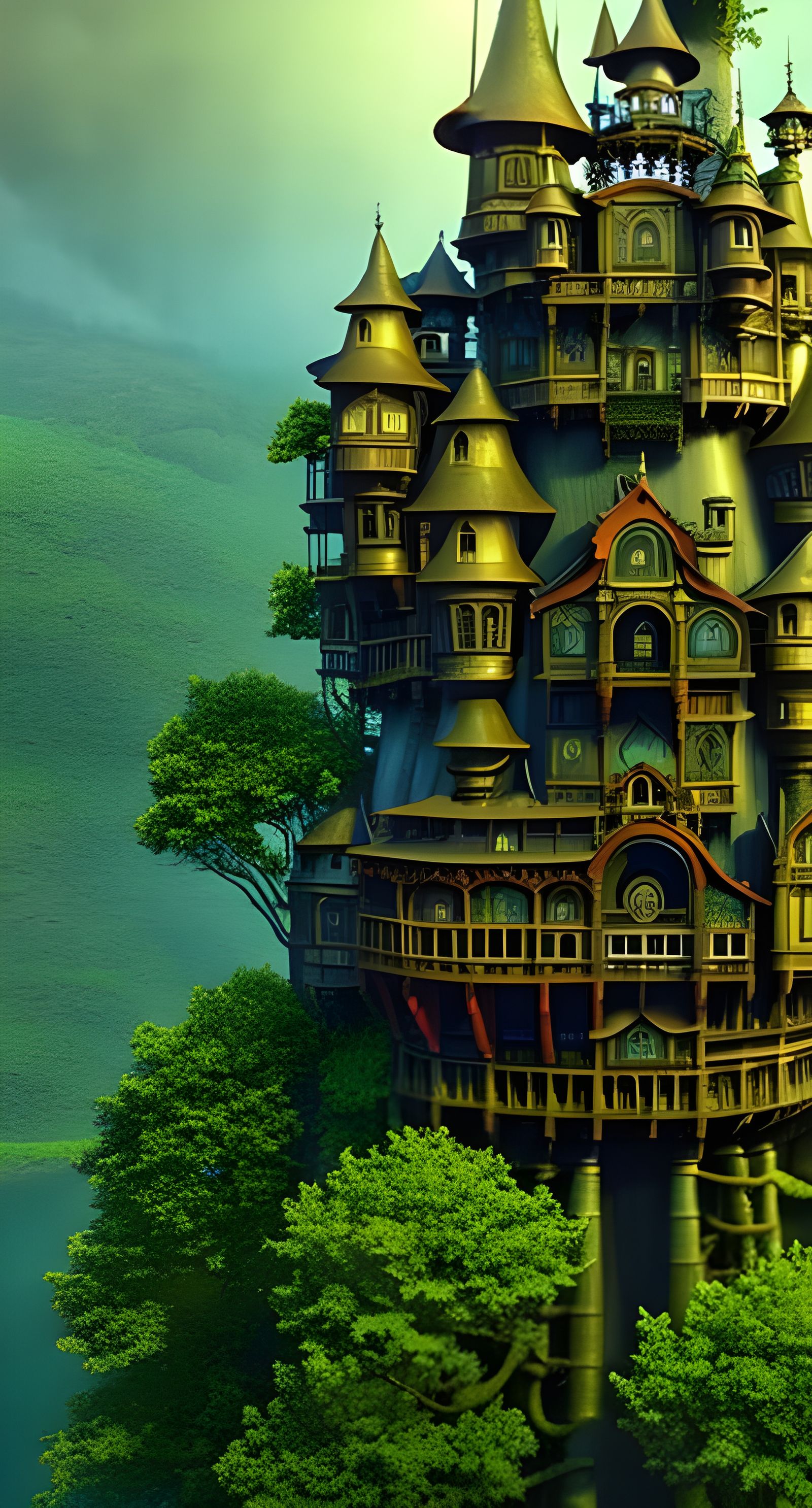 Steampunk Castle Treehouse in Mystical Landscape