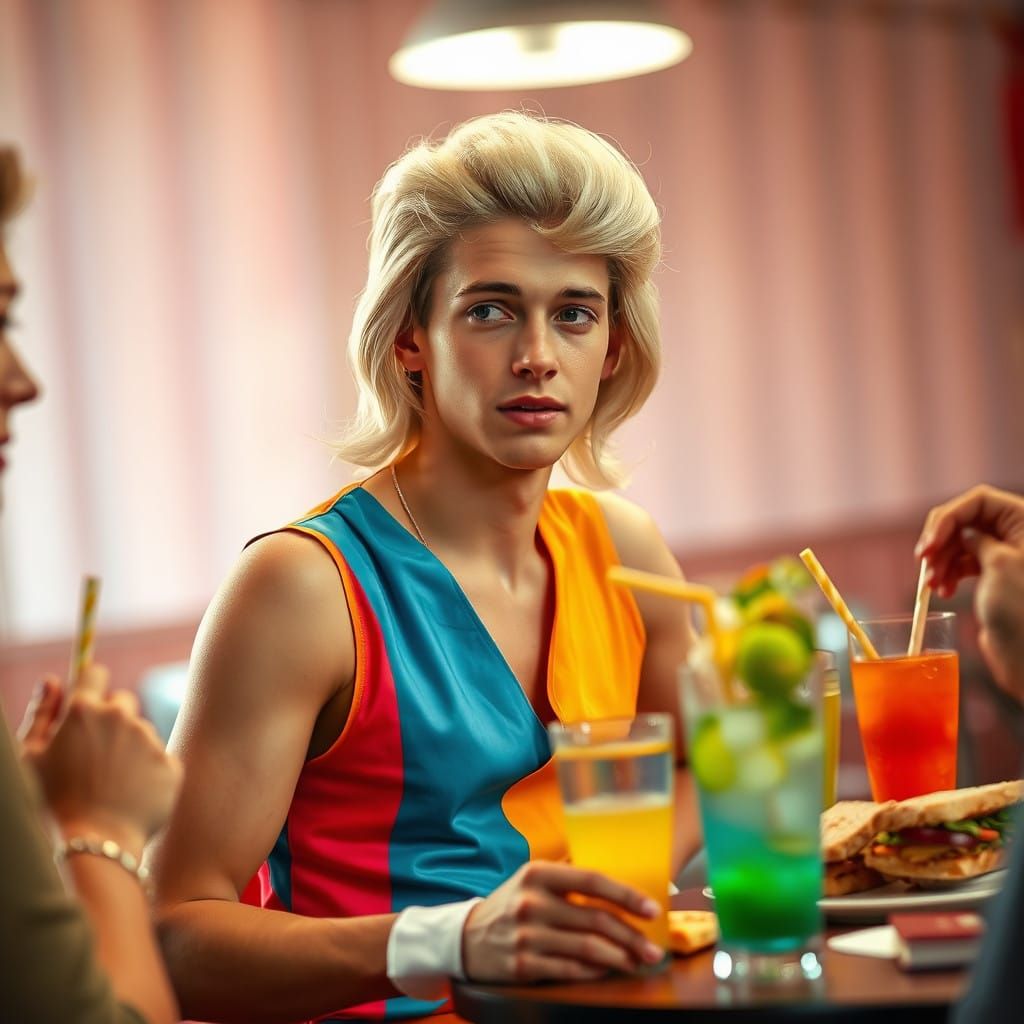 Confident 1950s Dandy Engages in Conversation in Colorful Se...