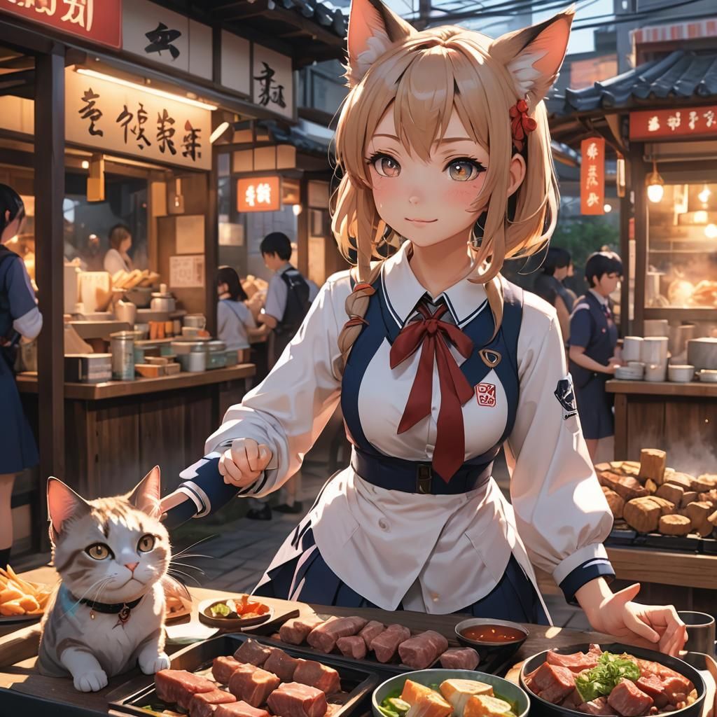 Anime Cat-Girl in Japanese Street Food Scene