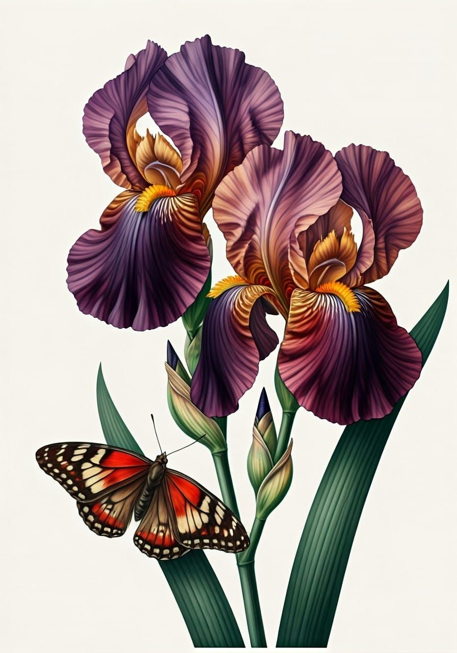 Surreal Watercolor Botanicals with Delicate Iris Flowers and...