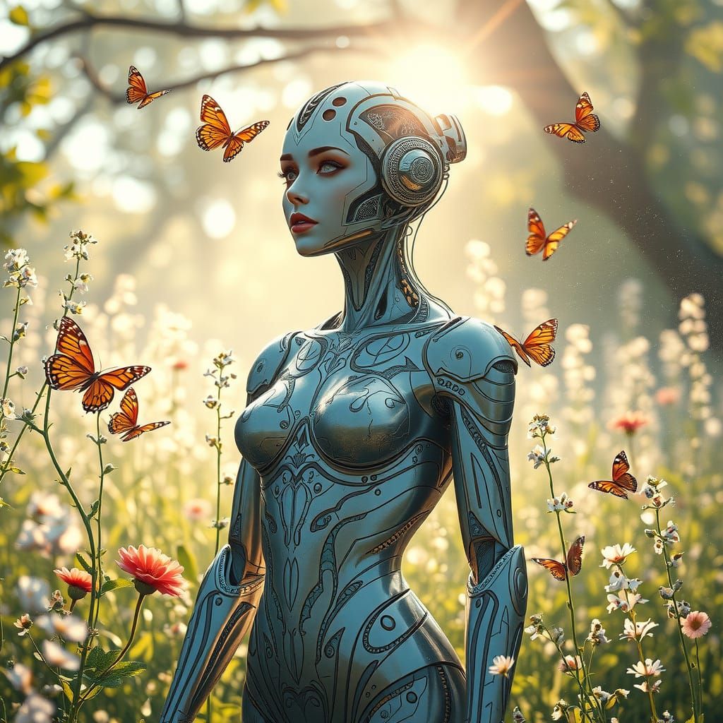 Cyborg Goddess in Sunlit Glade with Shimmering Florals