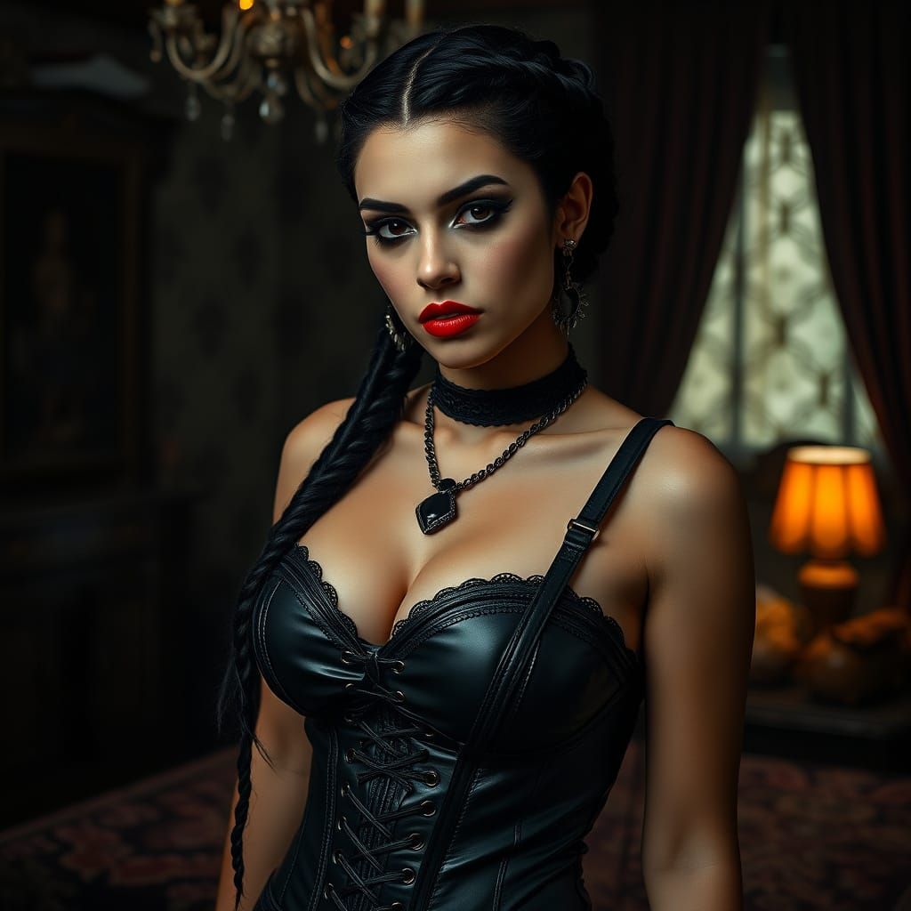 Gothic Latina in Noir Bedroom: A Film Noir Portrait