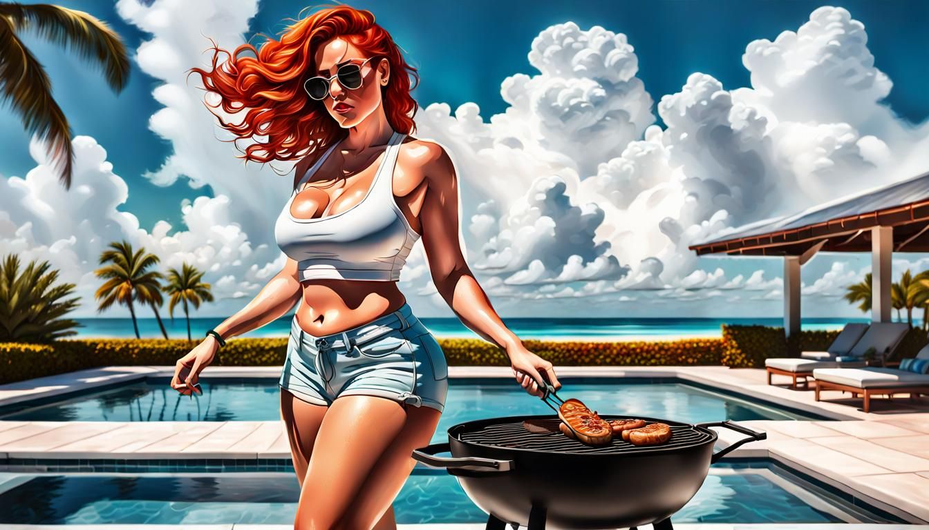 Curvy Redhead Grilling Poolside in Florida