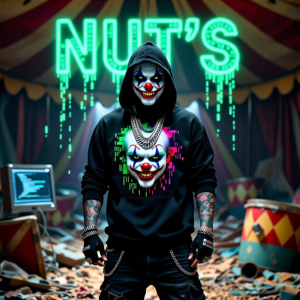 Cyberpunk Clown Artist in Abandoned Circus Tent