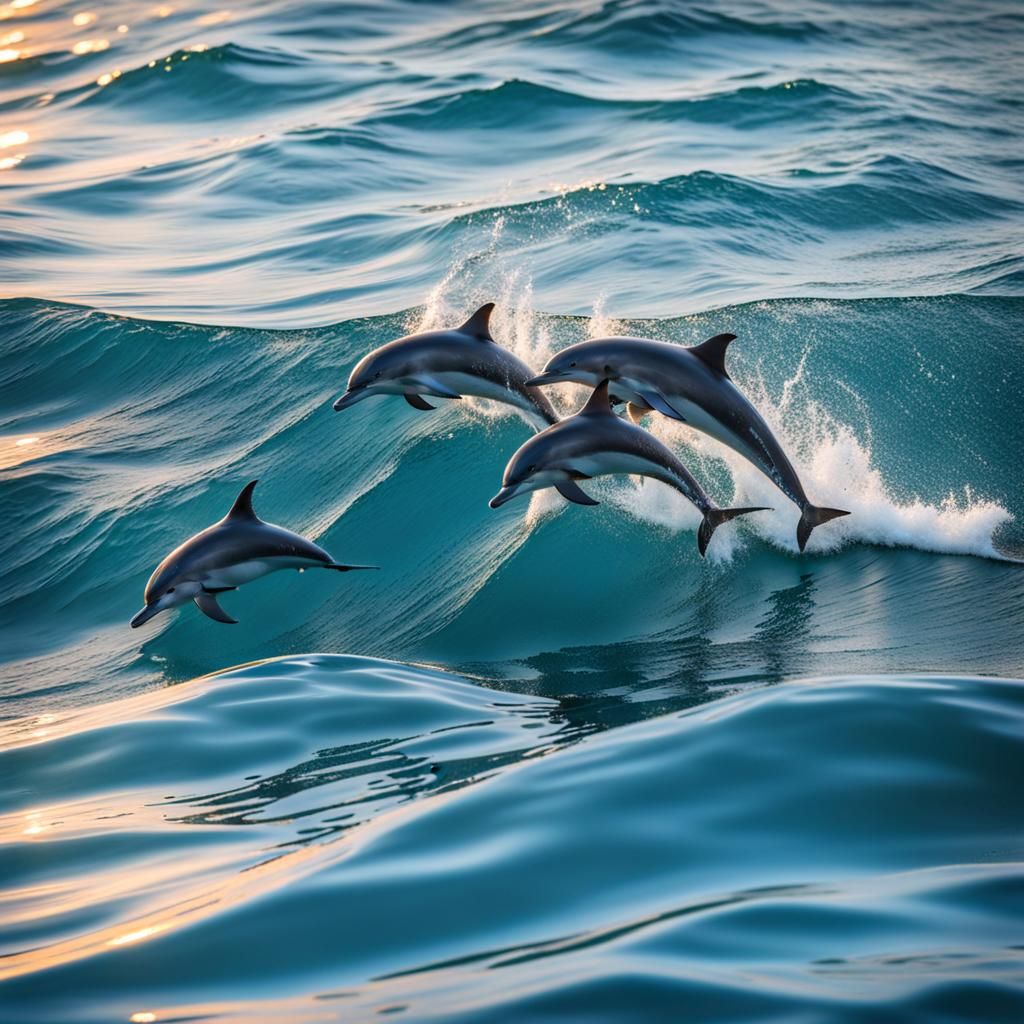 Dolphins Swimming in Azure Water at Sunset Photo