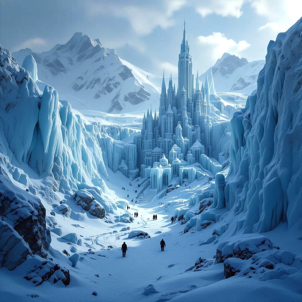 Frozen City Revealed in Glacier: Hyperrealistic Dark Fantasy...