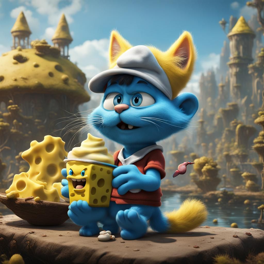 Smurf Cat's Spongebob Feast: Detailed Fantasy Art