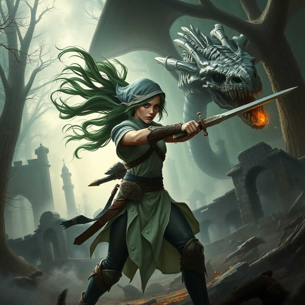 Ethereal Warrior Fights Skeleton Dragon in Mystical Forest