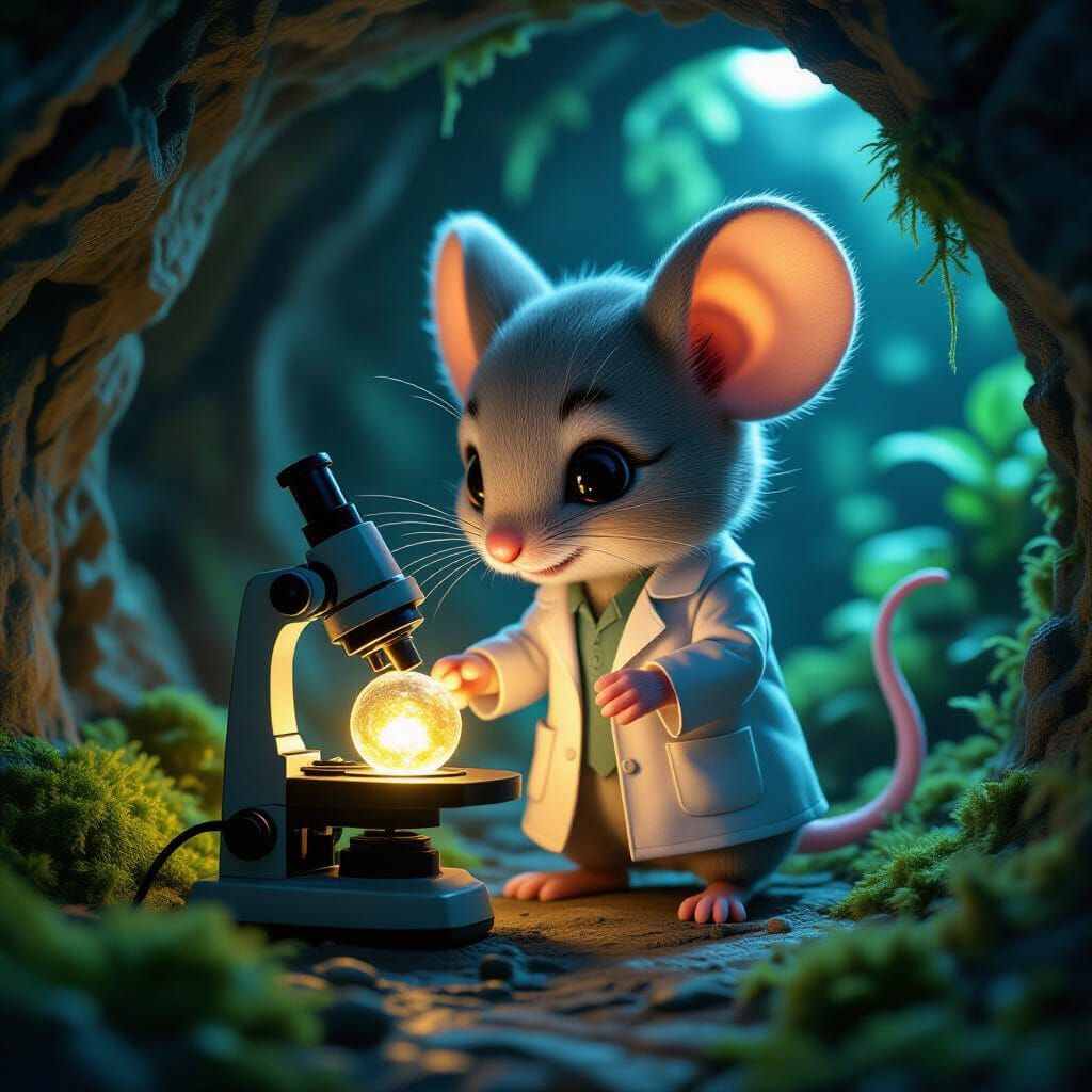 Chibi Mouse Scientist in Underground Lab, Digital Matte Pain...