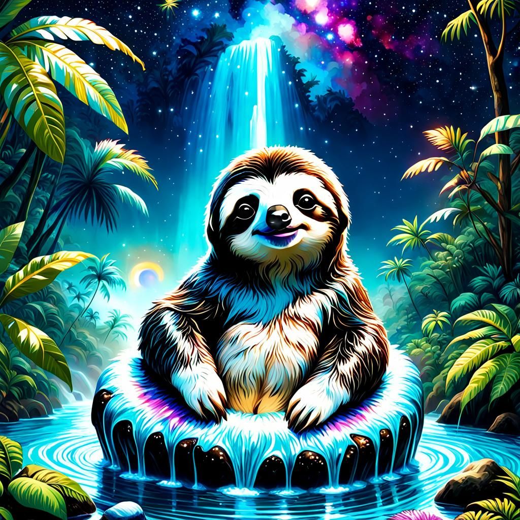 Sloth in Rainforest Under Astral Night Sky