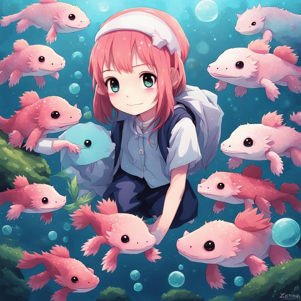 Anime Girl with Axolotls in Manga Style
