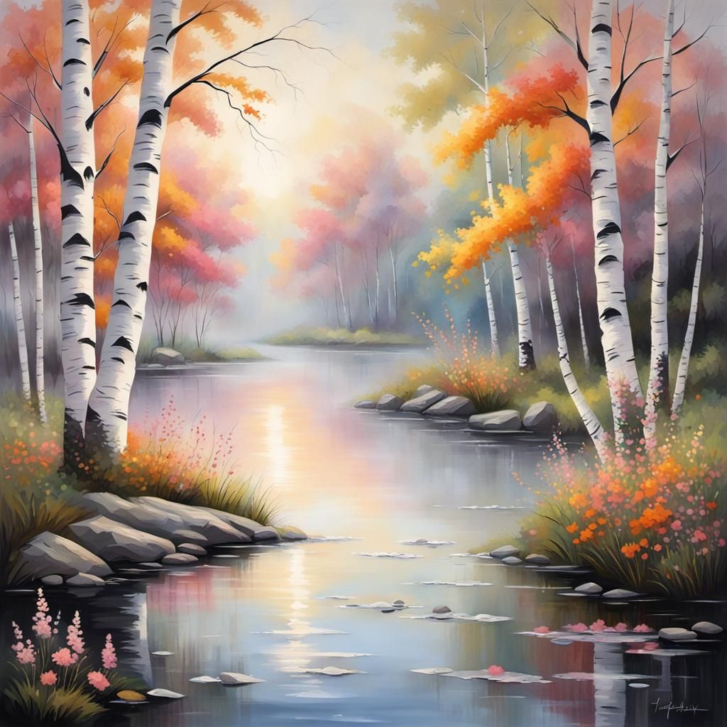 Misty Sunrise Birch Tree in Tachisme Style