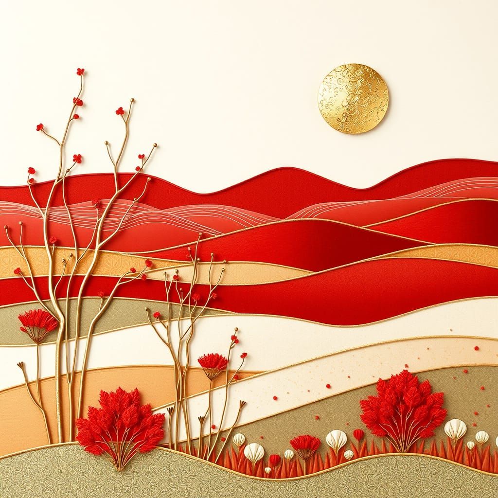 Autumn Landscape in Muted Earth Tones with Gold Accents