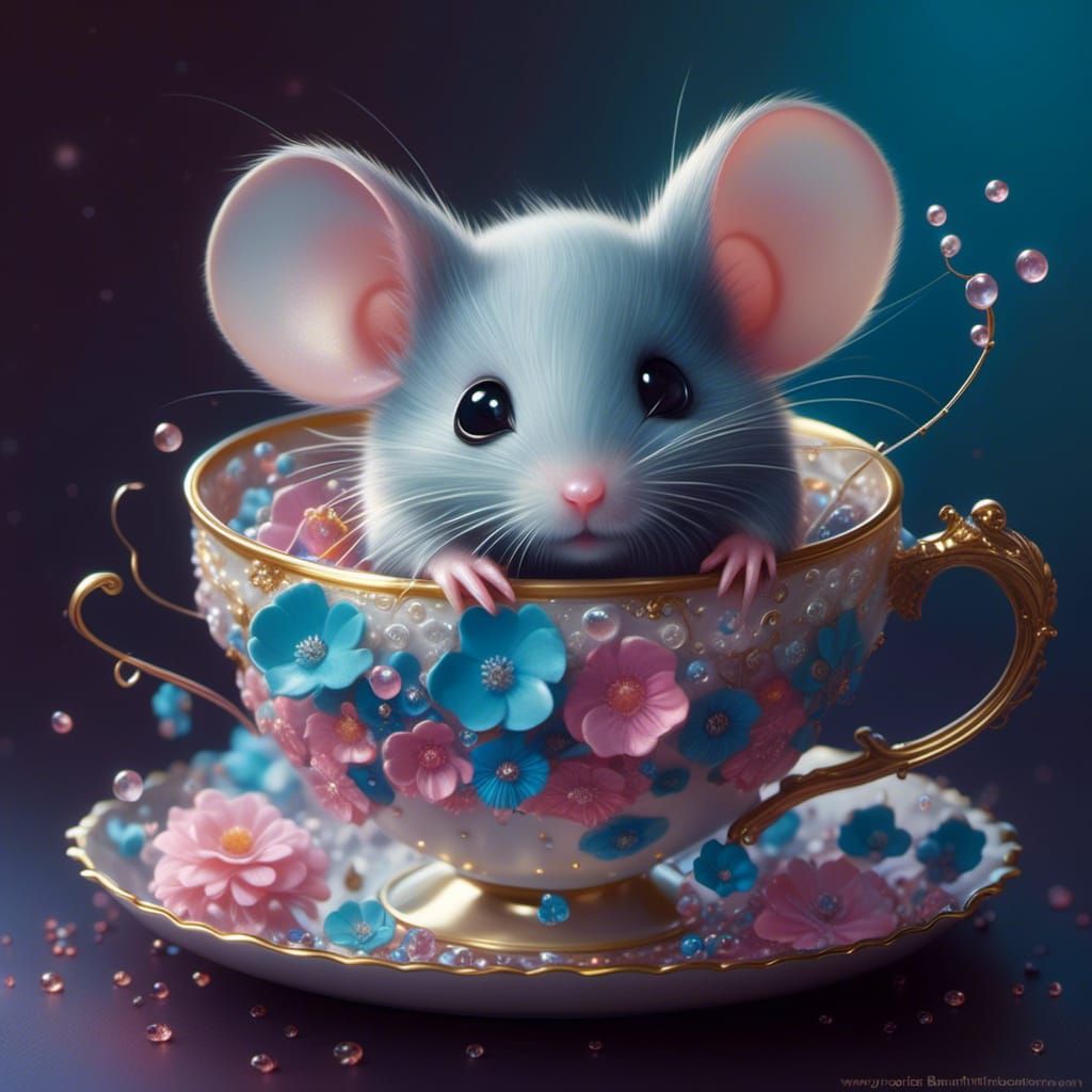 Adorable Mouse in Teacup, Hyperreal Liquid Gouache Art