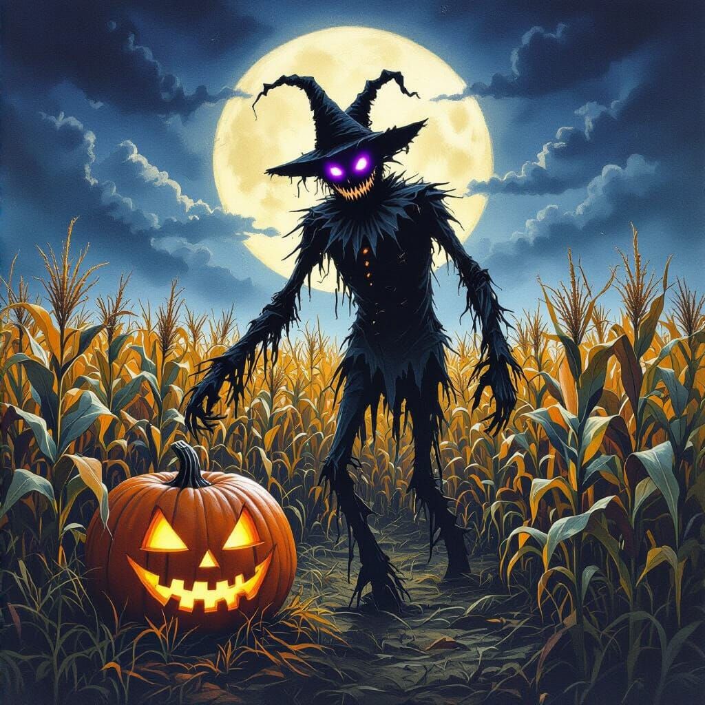 Nightmare Scarecrow in Moonlit Cornfield