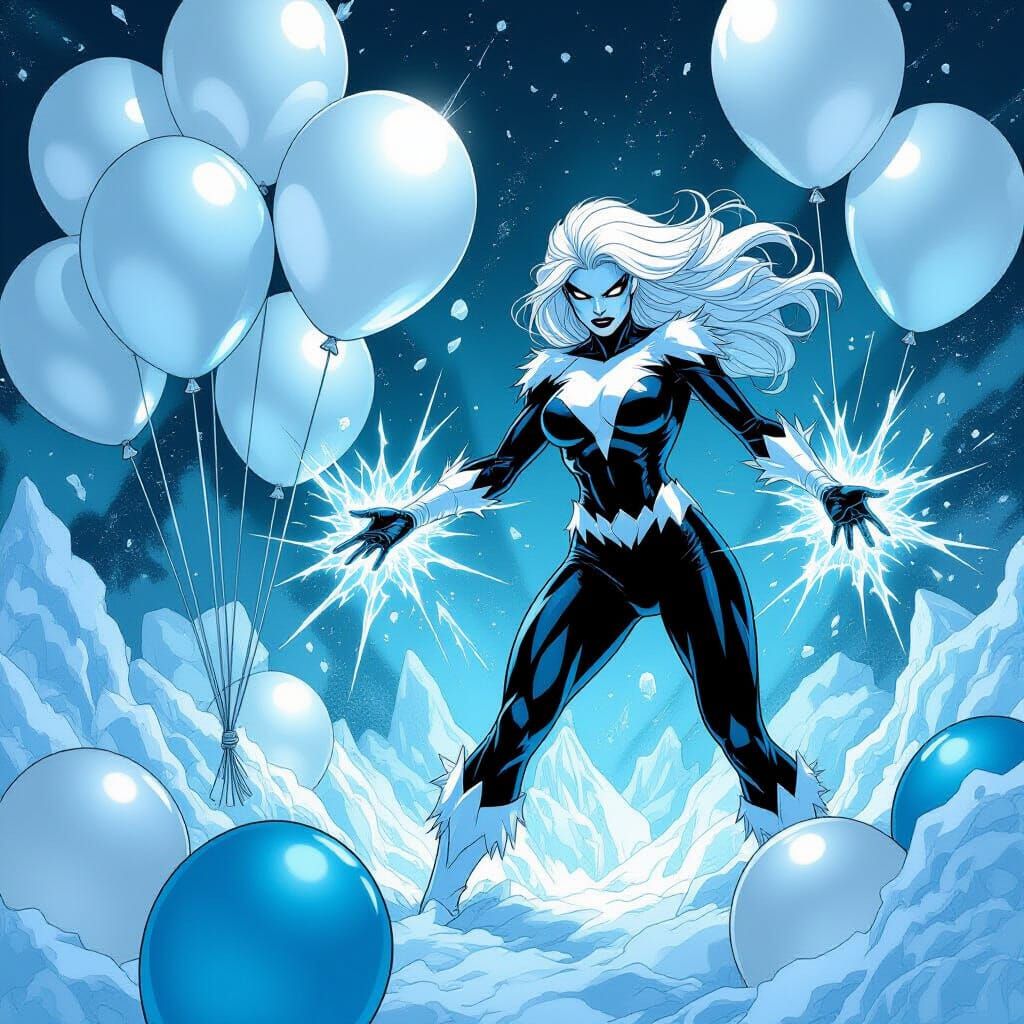 Killer Frost Threatens Snowy Birthday Balloons in Comic Styl...