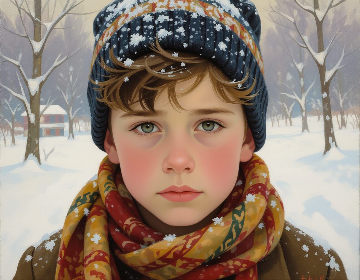 Expressionist Portrait of a Young Bavarian Boy in Snow