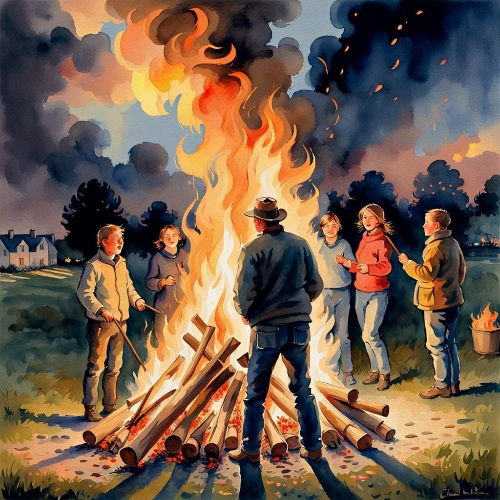 Bonfire Night Watercolor Painting in Romantisme Style