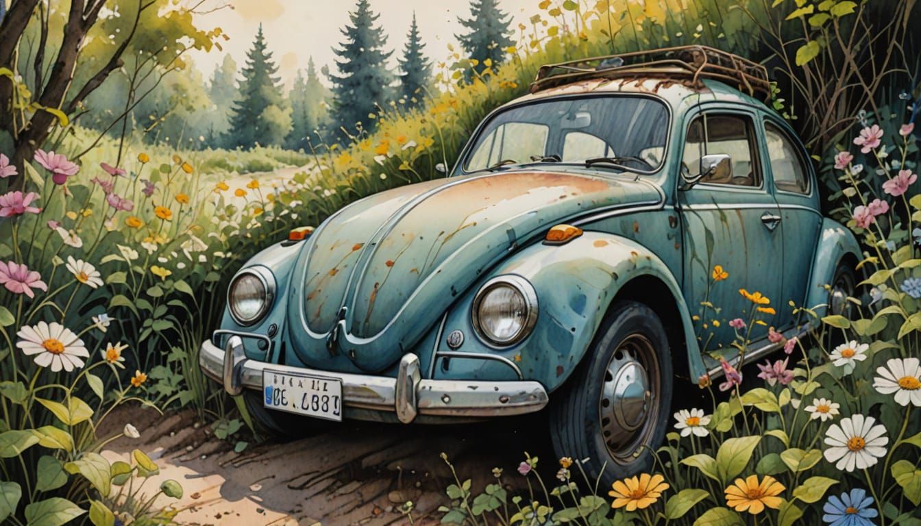 Watercolor Beetle Car in Overgrown Thicket