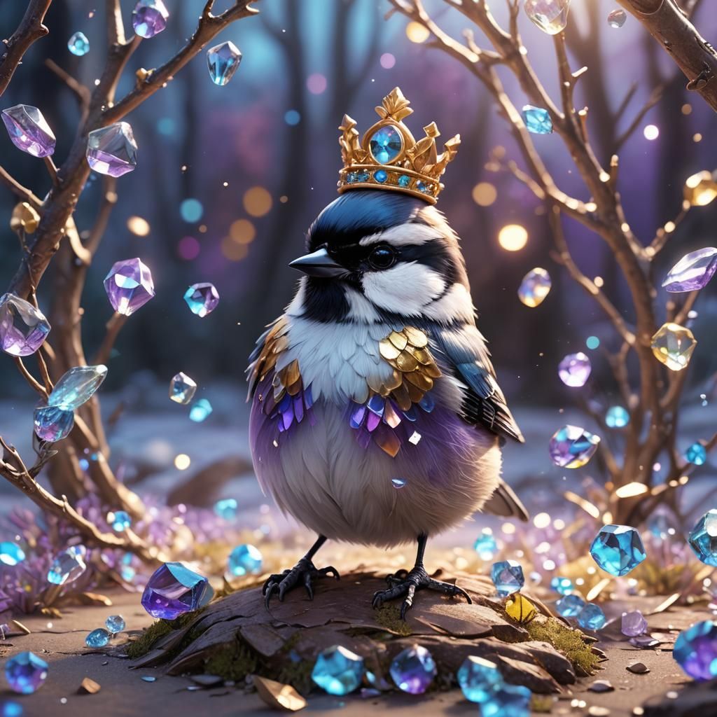 Chibi Chickadee with Glass Crown: Fantasy Concept Art