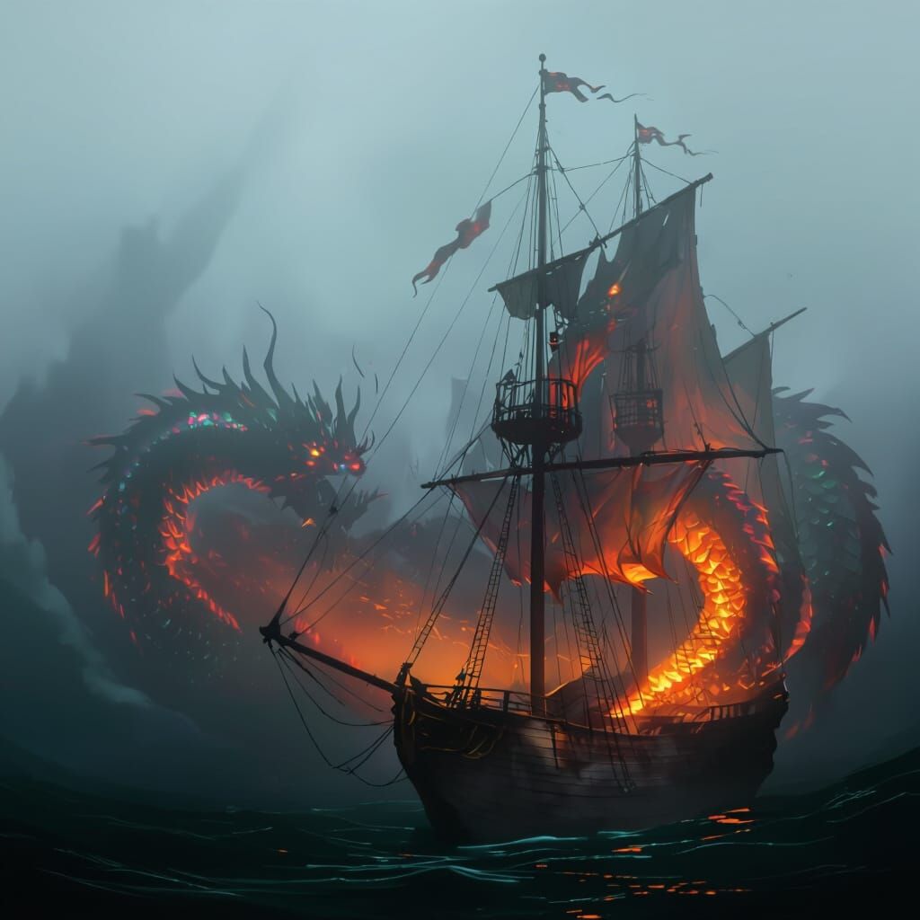 Dragon Protects Ship in Ethereal Fog
