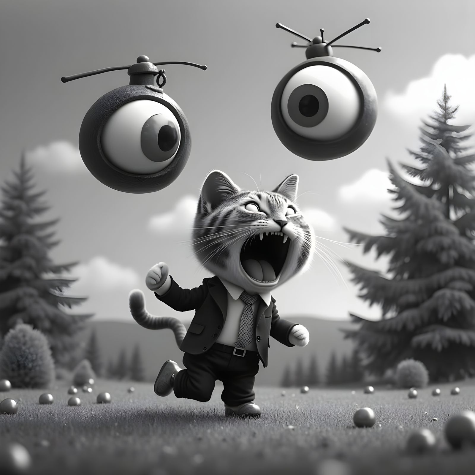 Whimsical Black and White Cartoon Cat in Mid-Scream