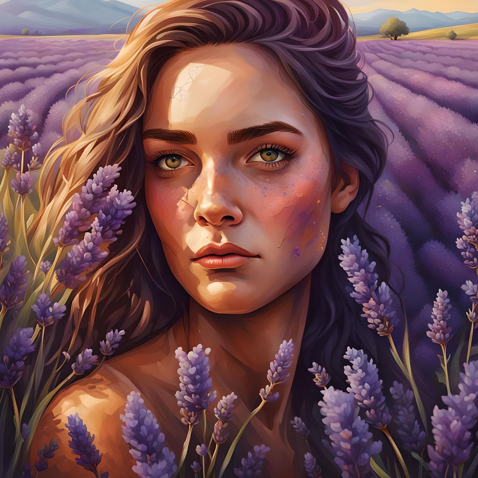 Beautiful Woman in Lavender Field: Hyperrealistic Art