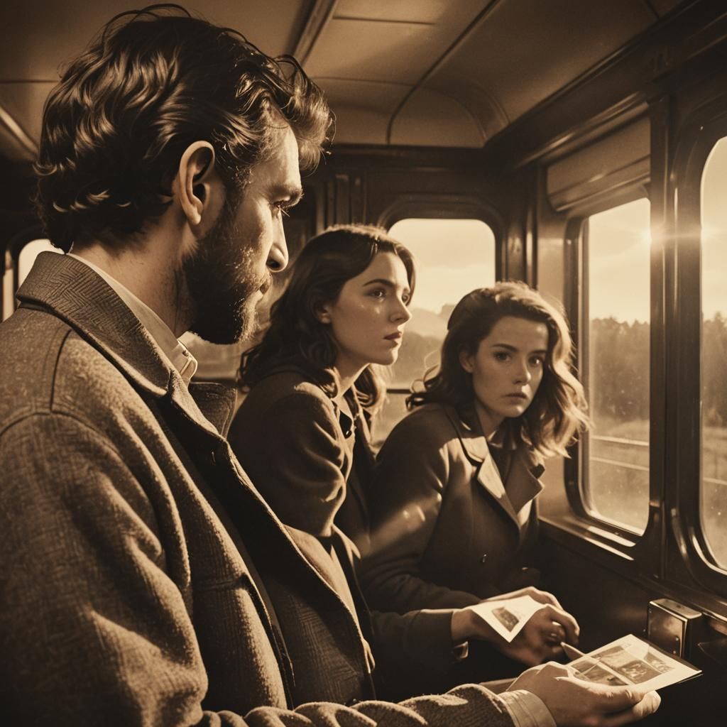 Nostalgic Film Still: Man, Photo, and Disappearing Train