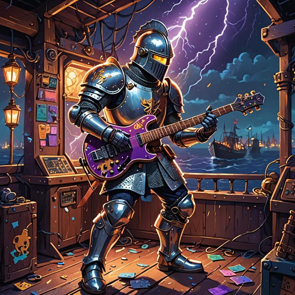 Cartoon Knight Plays Guitar at Night