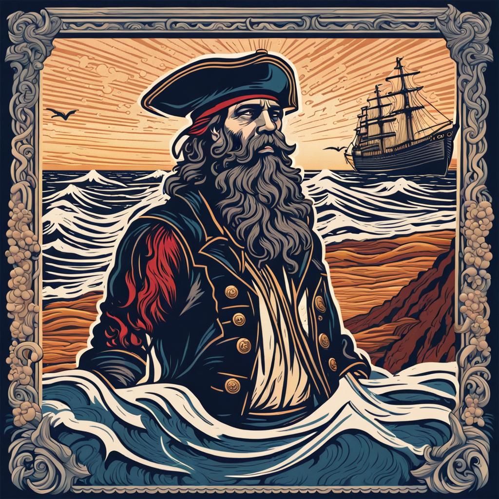 Linocut: Wise Sailor Pirate with Ship and Waves