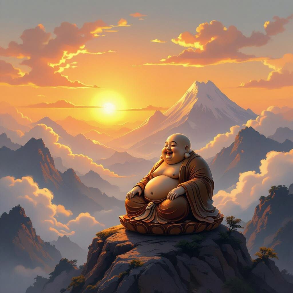 Joyful Laughing Buddha Greets Sunrise Over Mountains