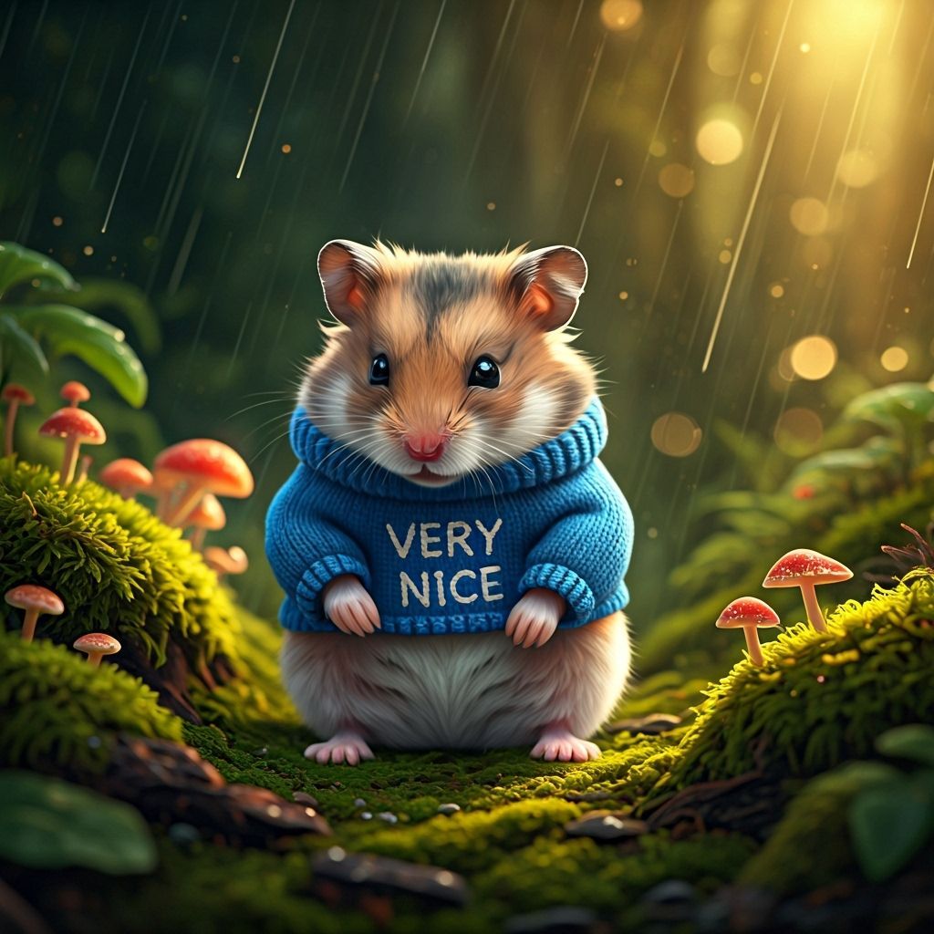 A photorealistic baby hamster sitting in a lush, green forest clearing after a light rain, gently rubbing its round bell...