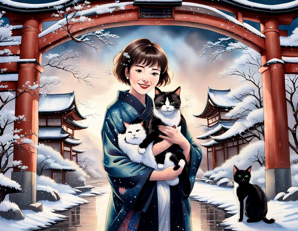 Japanese Winter Landscape with Woman and Cat in Anime Style