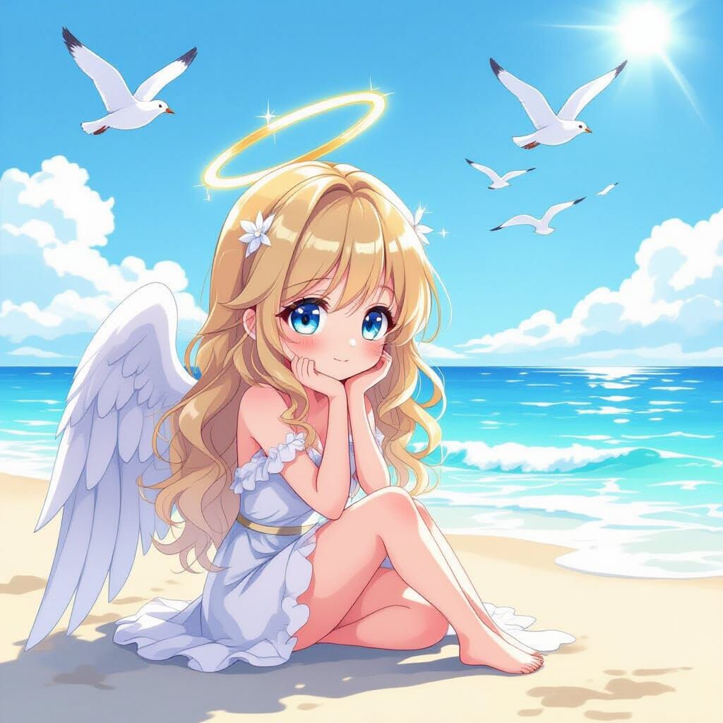 Chibi Angel on Serene Beach in Studio Ghibli Style