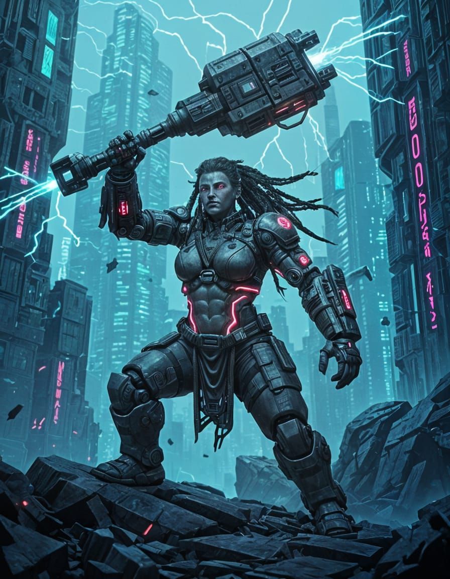 Cyberpunk Stone Troll Reborn in Digital Age