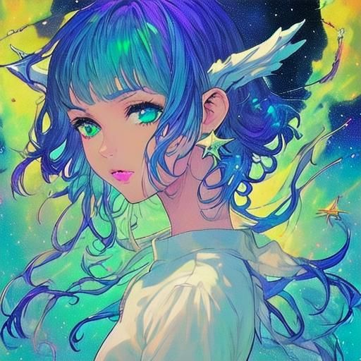 Anime Girl Floating in Space, Cel-Shaded Render