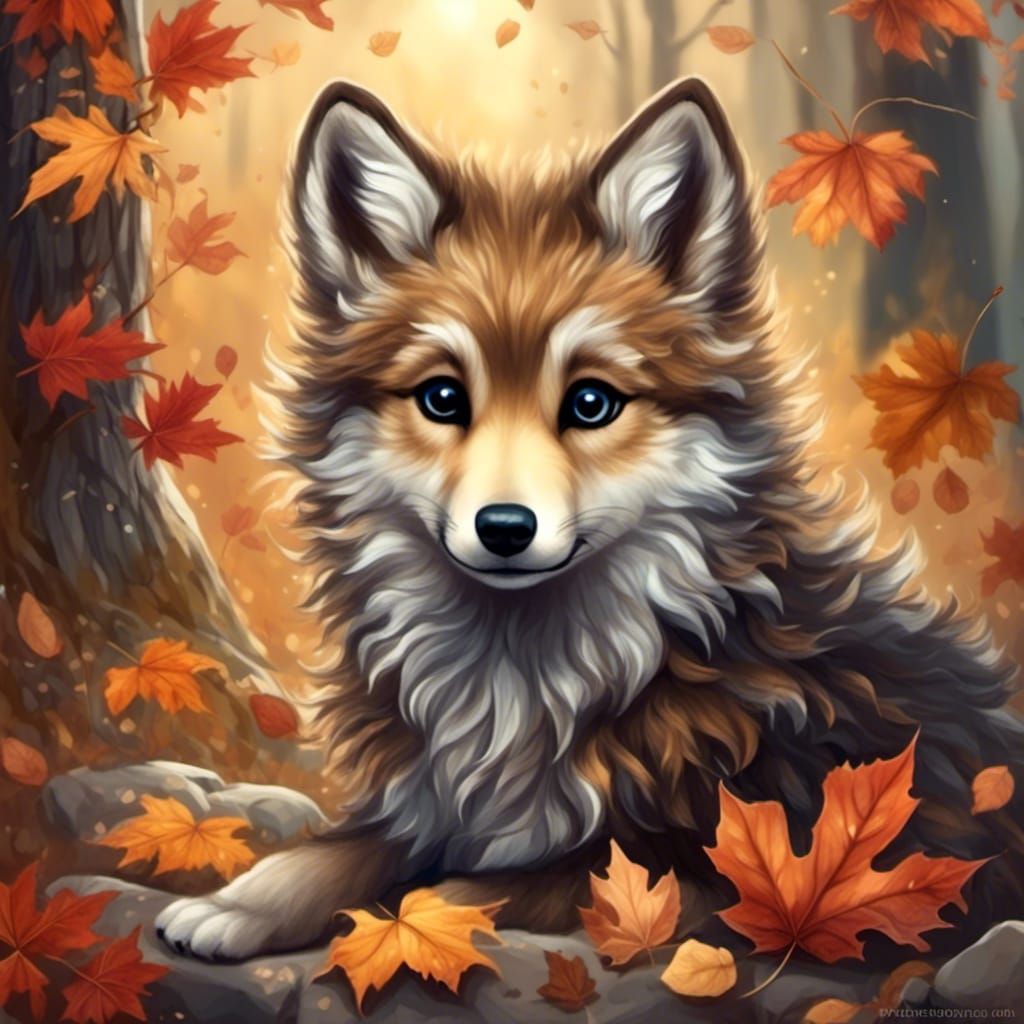 Cute Wolf Cub in Mystical Autumn Meadow
