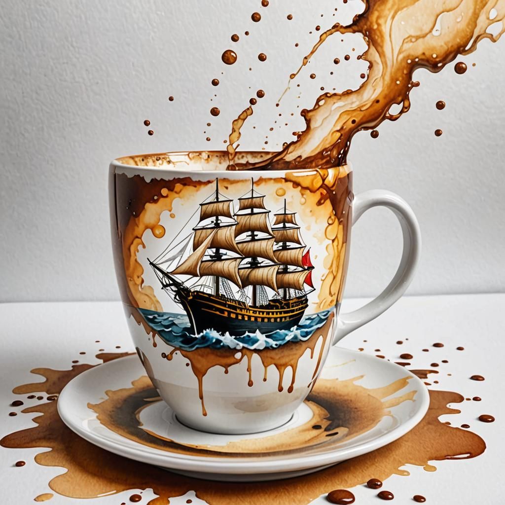 Coffee Mug Spill Creates Watercolor Ship Illustration