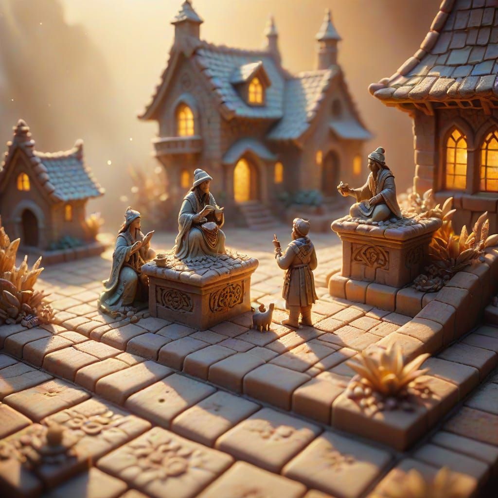 Miniature Clay Figures Playing in Golden Light