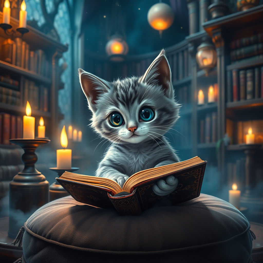 Mystical Kitten Reading in Library, Fantasy Art