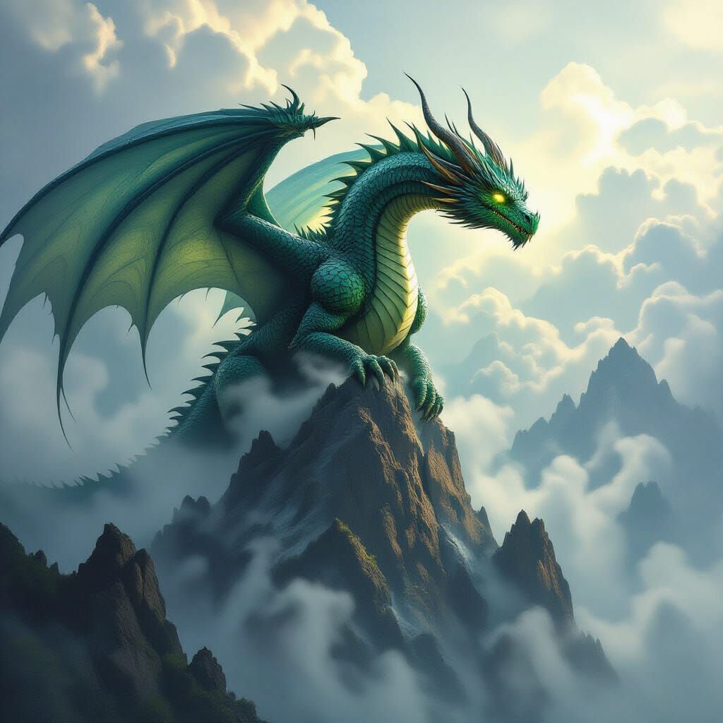 Ancient Dragon Perched on Misty Mountain Peak