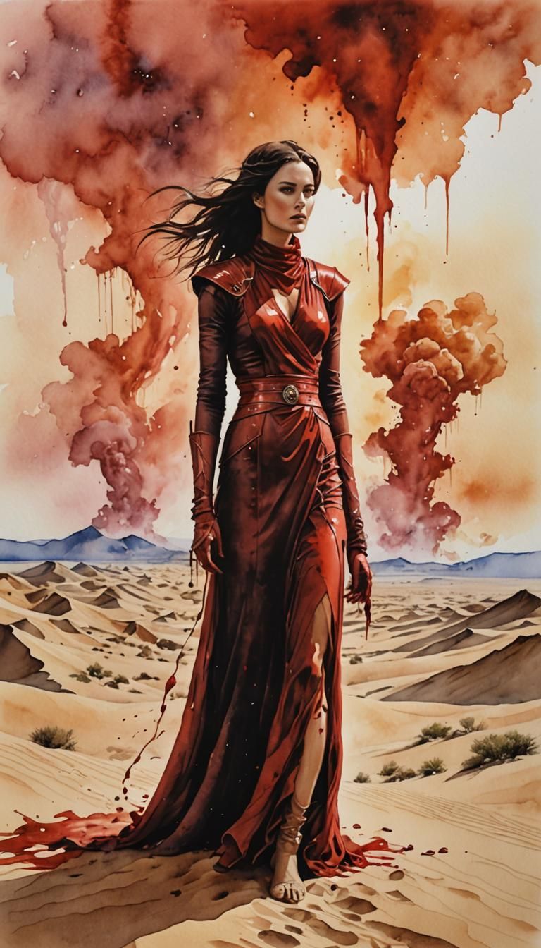 Surreal Sandstorm: Lonely Goddess in Dune Landscape