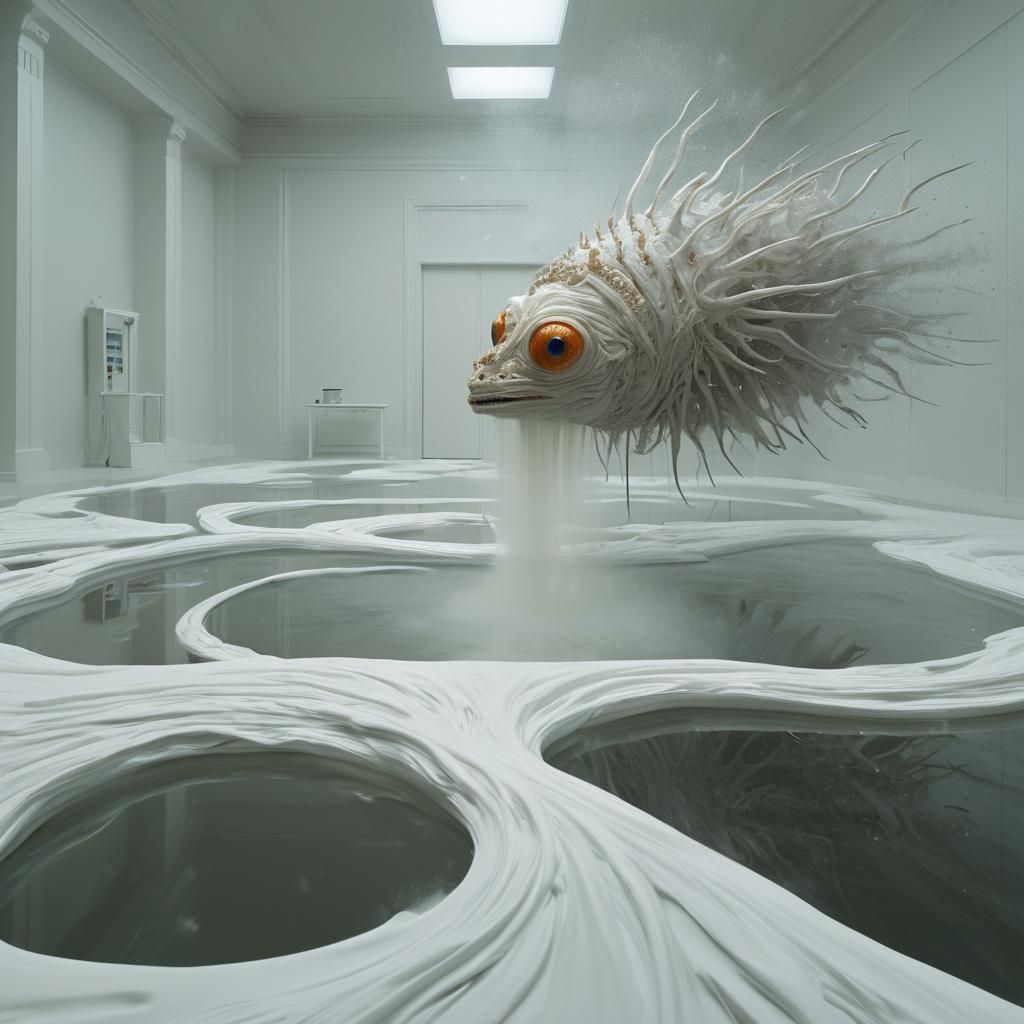 Surreal Exotic Portrait in White Laboratory, Bizarre Art