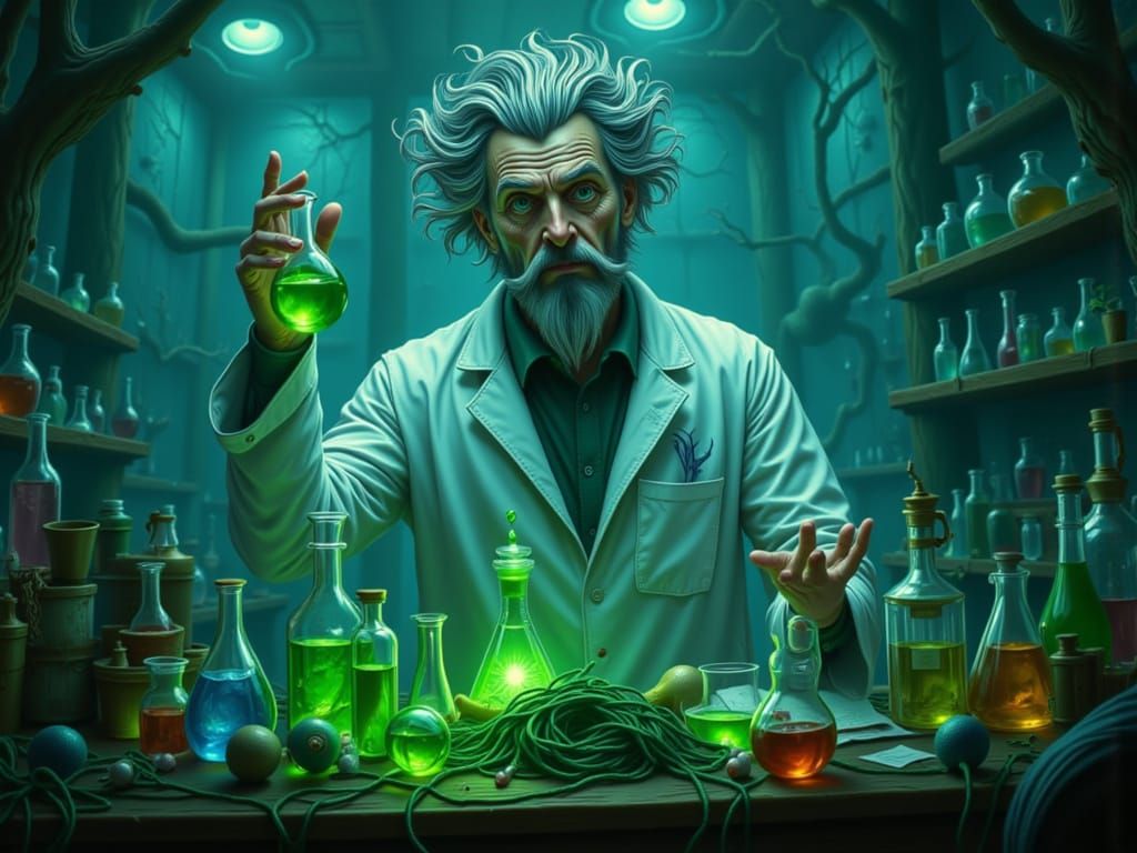 Mad Scientist With Sparkling Green Liquid in Lab